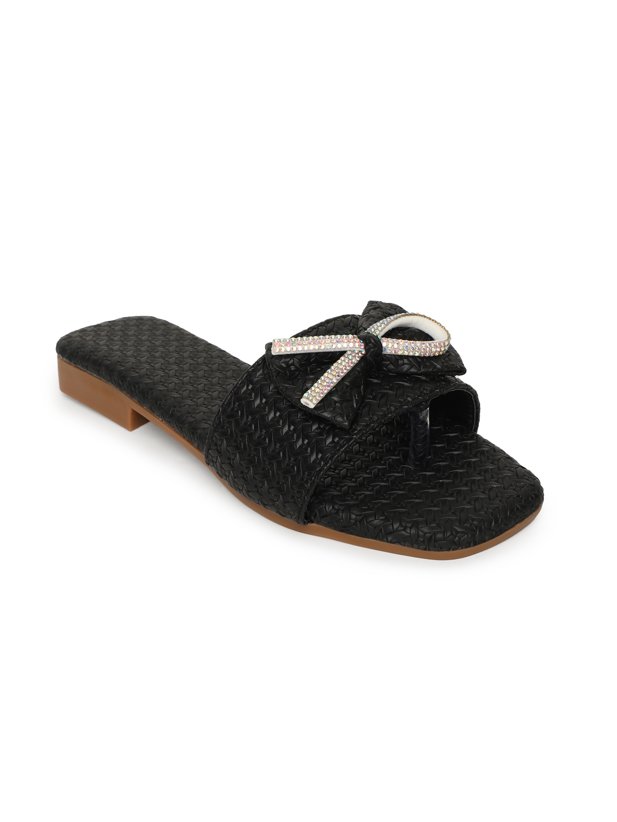 Women Black Open Toe Flats with Bows X BLACK